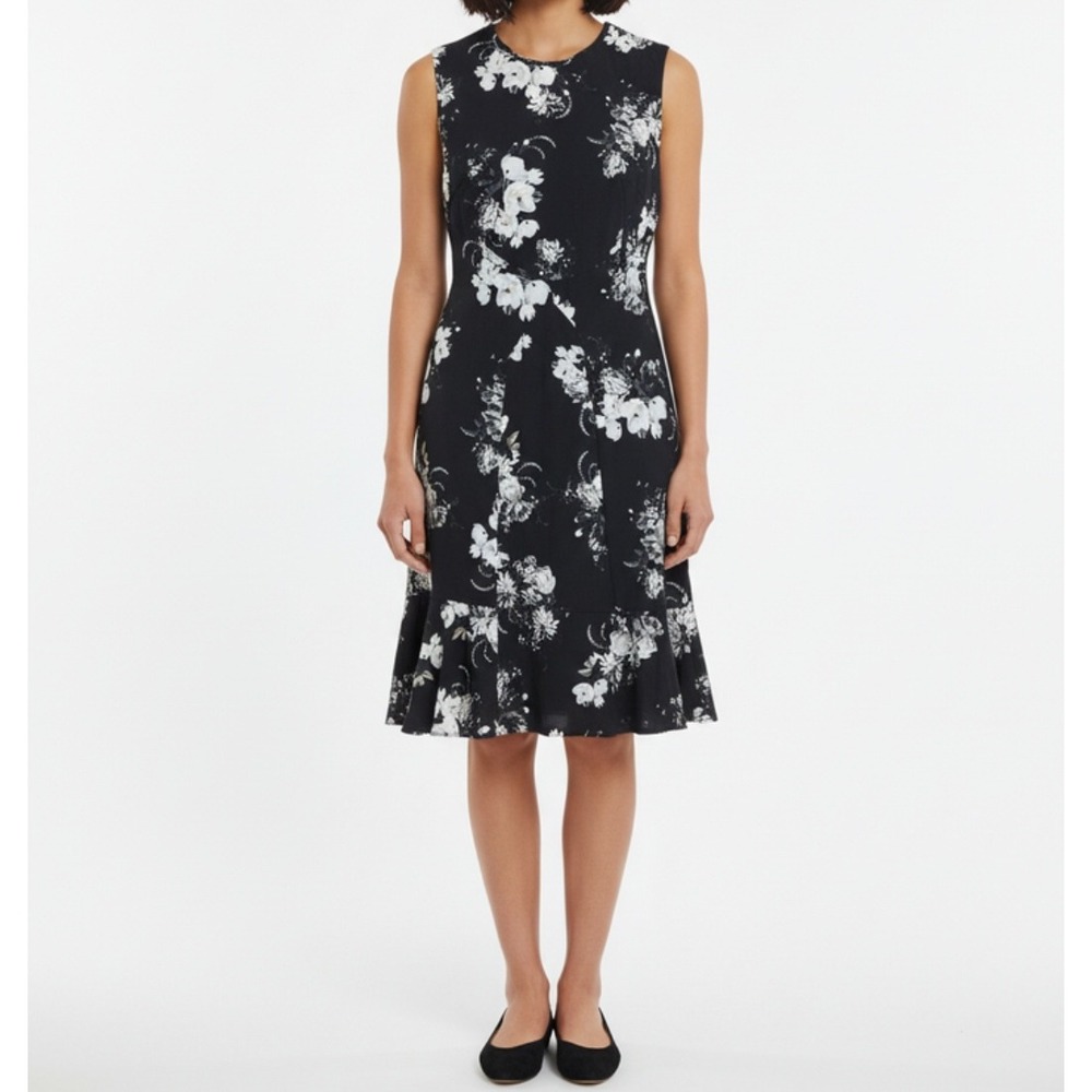 Erdem Jana Floral Midi Dress Size US 10 Black White Ruffled Hem Silk‎ Lined